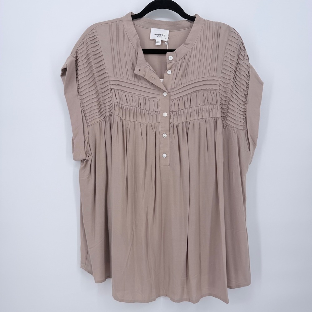 Andree by Unit Rayon Blouse Womens 2X Taupe New Pintuck Smocked Beige Top Office